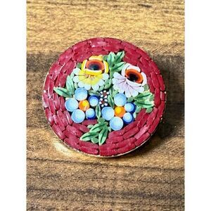 Red Micro Mosaic Floral Brooch Vintage Italy Colored Flowers 1.5"